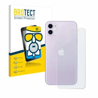 Face avant d’un emballage produit avec le logo de la marque BROTECT. À côté, l’appareil Apple iPhone 11 (Arrière) est représen