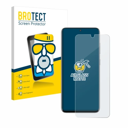 Face avant d’un emballage produit avec le logo de la marque BROTECT. À côté, l’appareil Samsung Galaxy S20 est représenté avec