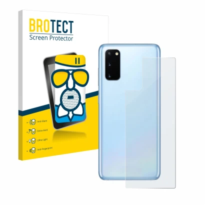 Face avant d’un emballage produit avec le logo de la marque BROTECT. À côté, l’appareil Samsung Galaxy S20 (Arrière) est repré