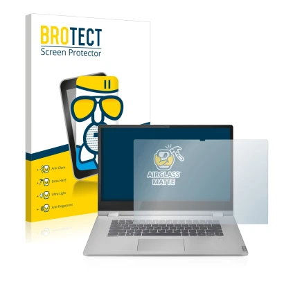 Face avant d’un emballage produit avec le logo de la marque BROTECT. À côté, l’appareil Lenovo IdeaPad C340 15" est représenté