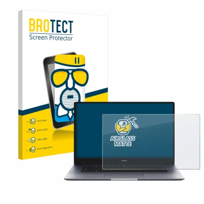 Face avant d’un emballage produit avec le logo de la marque BROTECT. À côté, l’appareil Honor MagicBook 15" est représenté ave