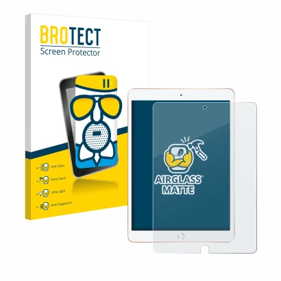 Face avant d’un emballage produit avec le logo de la marque BROTECT. À côté, l’appareil Apple iPad 10.2" WiFi 2019 (7ème Gen.)