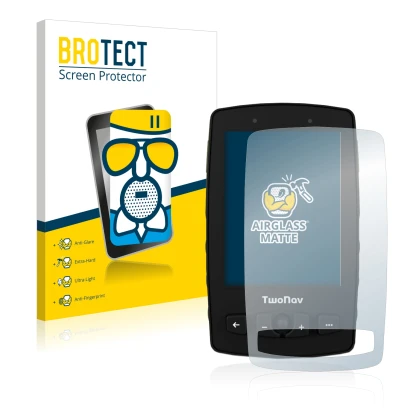 Face avant d’un emballage produit avec le logo de la marque BROTECT. À côté, l’appareil TwoNav Aventura 2 est représenté avec 