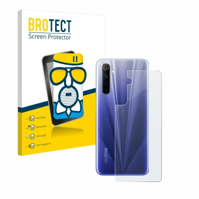 Face avant d’un emballage produit avec le logo de la marque BROTECT. À côté, l’appareil realme 6 (Arrière) est représenté avec