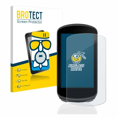Face avant d’un emballage produit avec le logo de la marque BROTECT. À côté, l’appareil Garmin Edge 1030 Plus est représenté a