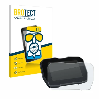 Face avant d’un emballage produit avec le logo de la marque BROTECT. À côté, l’appareil Ducati Streetfighter V4 2020 Affichage