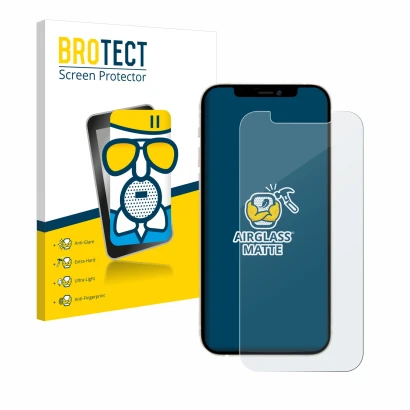 Face avant d’un emballage produit avec le logo de la marque BROTECT. À côté, l’appareil Apple iPhone 12 Pro est représenté ave