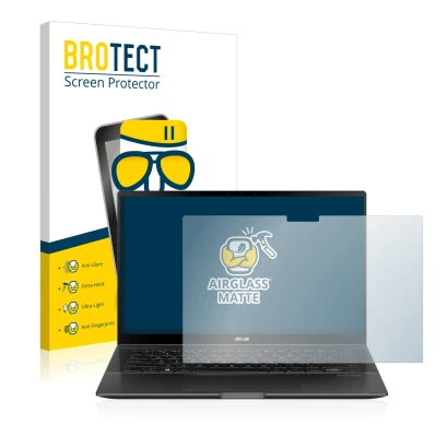 Face avant d’un emballage produit avec le logo de la marque BROTECT. À côté, l’appareil ASUS ZenBook Flip 14 UX463FA est repré