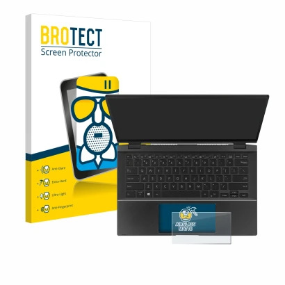 Face avant d’un emballage produit avec le logo de la marque BROTECT. À côté, l’appareil ASUS ZenBook Flip 14 UX463FA (Touch Tr