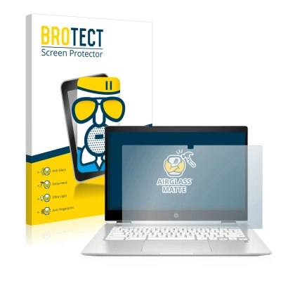 Face avant d’un emballage produit avec le logo de la marque BROTECT. À côté, l’appareil HP Chromebook x360 (14b-caX) est repré