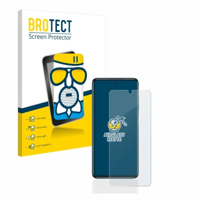 Face avant d’un emballage produit avec le logo de la marque BROTECT. À côté, l’appareil Xiaomi Poco X3 NFC est représenté avec