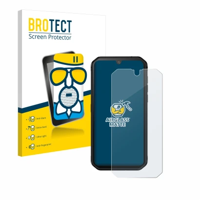 Face avant d’un emballage produit avec le logo de la marque BROTECT. À côté, l’appareil Blackview BV9900E est représenté avec 