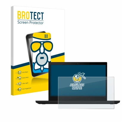 Face avant d’un emballage produit avec le logo de la marque BROTECT. À côté, l’appareil Lenovo ThinkPad T14 Gen 1 est représen