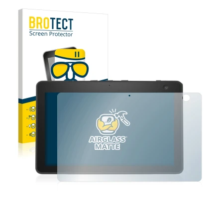 Face avant d’un emballage produit avec le logo de la marque BROTECT. À côté, l’appareil Amazon Echo Show 10 (3ème Gen.) est re