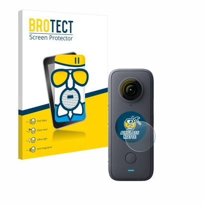Face avant d’un emballage produit avec le logo de la marque BROTECT. À côté, l’appareil Insta360 One X2 est représenté avec la