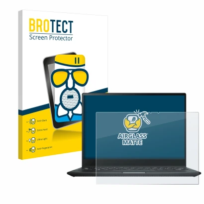 Face avant d’un emballage produit avec le logo de la marque BROTECT. À côté, l’appareil ASUS Rog Flow X13 2022 est représenté 