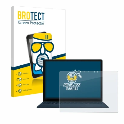 Face avant d’un emballage produit avec le logo de la marque BROTECT. À côté, l’appareil Microsoft Surface Laptop 4 13.5" est r