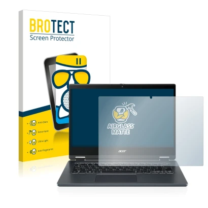 Face avant d’un emballage produit avec le logo de la marque BROTECT. À côté, l’appareil Acer TravelMate Spin P4 14" 16:9 est r