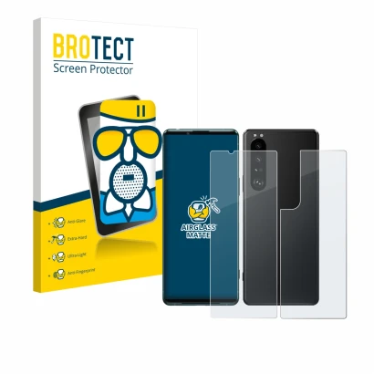 Face avant d’un emballage produit avec le logo de la marque BROTECT. À côté, l’appareil Sony Xperia 5 III (Avant+Arrière) est 