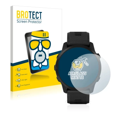 Face avant d’un emballage produit avec le logo de la marque BROTECT. À côté, l’appareil Garmin Forerunner 945 LTE est représen