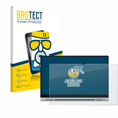 Face avant d’un emballage produit avec le logo de la marque BROTECT. À côté, l’appareil Samsung Galaxy Book Pro 360 13" est re