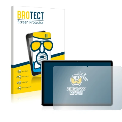 Face avant d’un emballage produit avec le logo de la marque BROTECT. À côté, l’appareil Huawei MatePad 11 (2021) est représent