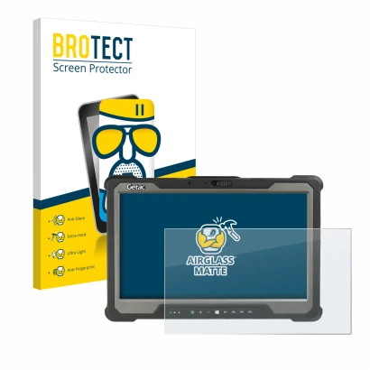 Face avant d’un emballage produit avec le logo de la marque BROTECT. À côté, l’appareil Getac A140 est représenté avec la prot