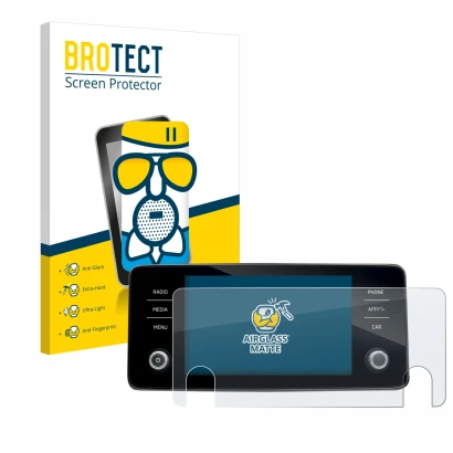 Face avant d’un emballage produit avec le logo de la marque BROTECT. À côté, l’appareil Skoda Bolero 2020 Infotainment System 