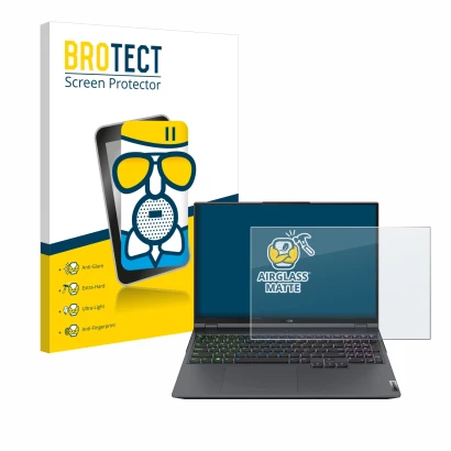 Face avant d’un emballage produit avec le logo de la marque BROTECT. À côté, l’appareil Lenovo Legion 5 Pro est représenté ave