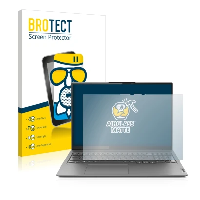 Face avant d’un emballage produit avec le logo de la marque BROTECT. À côté, l’appareil Lenovo Yoga Slim 7 Pro 16" est représe