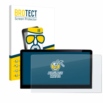 Face avant d’un emballage produit avec le logo de la marque BROTECT. À côté, l’appareil Skoda Enyaq iV 80 2021 Infotainment Sy