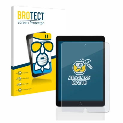 Face avant d’un emballage produit avec le logo de la marque BROTECT. À côté, l’appareil Apple iPad 10.2