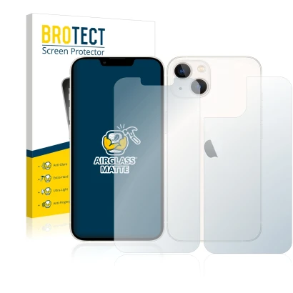 Face avant d’un emballage produit avec le logo de la marque BROTECT. À côté, l’appareil Apple iPhone 13 (Avant+Arrière) est re
