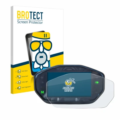 Face avant d’un emballage produit avec le logo de la marque BROTECT. À côté, l’appareil Ducati Monster / Monster + 2021 est re