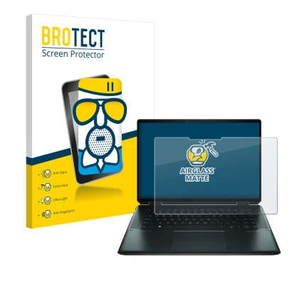 Face avant d’un emballage produit avec le logo de la marque BROTECT. À côté, l’appareil HP Spectre x360 16" 2-in-1 2021 est re