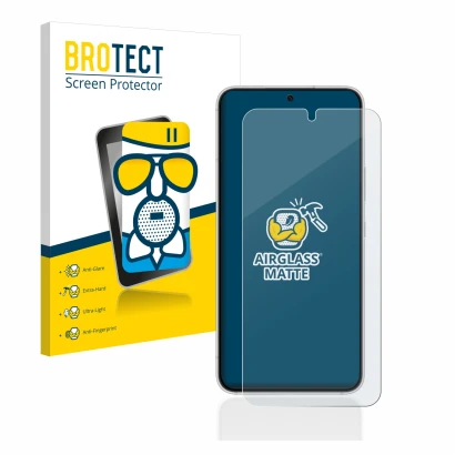 Face avant d’un emballage produit avec le logo de la marque BROTECT. À côté, l’appareil Samsung Galaxy S22 5G est représenté a