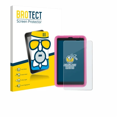 Face avant d’un emballage produit avec le logo de la marque BROTECT. À côté, l’appareil Blackview Tab 6 Kids est représenté av