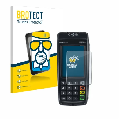 Face avant d’un emballage produit avec le logo de la marque BROTECT. À côté, l’appareil ingenico Desk/5000 est représenté avec