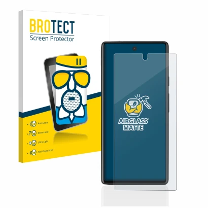 Face avant d’un emballage produit avec le logo de la marque BROTECT. À côté, l’appareil Google Pixel 6a est représenté avec la