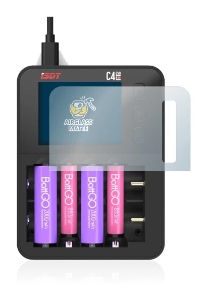 Image de l'appareil ISDT C4 Evo avec une grande variété de protections d'écran.