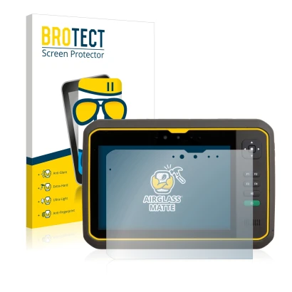 Face avant d’un emballage produit avec le logo de la marque BROTECT. À côté, l’appareil Trimble T7 est représenté avec la prot