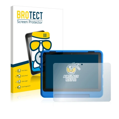 Face avant d’un emballage produit avec le logo de la marque BROTECT. À côté, l’appareil Amazon Fire HD 8 Kids Pro Edition 2021