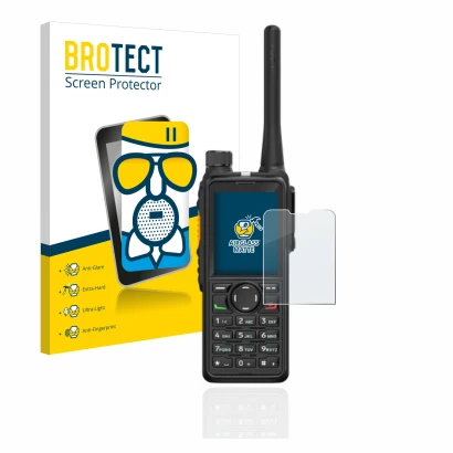 Face avant d’un emballage produit avec le logo de la marque BROTECT. À côté, l’appareil Hytera HP785 est représenté avec la pr