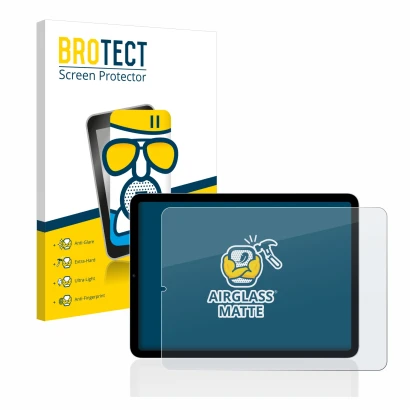 Face avant d’un emballage produit avec le logo de la marque BROTECT. À côté, l’appareil Apple iPad Air 5 2022 (5ème Gen.) est 