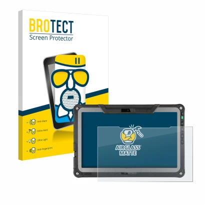 Face avant d’un emballage produit avec le logo de la marque BROTECT. À côté, l’appareil Getac F110 G6 est représenté avec la p