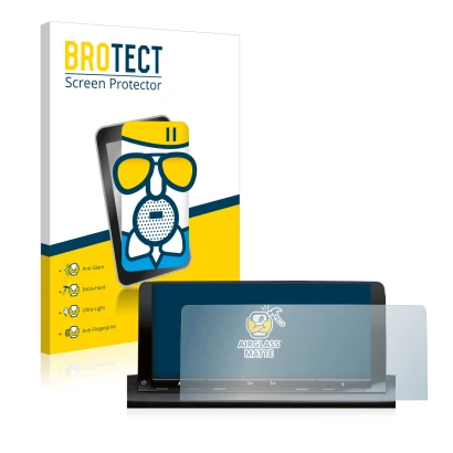 Face avant d’un emballage produit avec le logo de la marque BROTECT. À côté, l’appareil Volkswagen Caddy 5 Discover Media 10" 