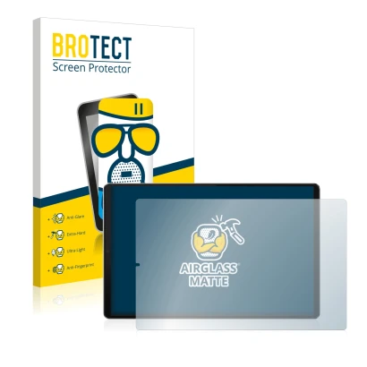 Face avant d’un emballage produit avec le logo de la marque BROTECT. À côté, l’appareil Lenovo Tab M10 FHD Plus (2e Gen.) est