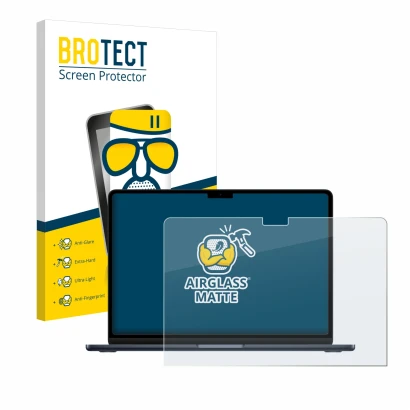 Face avant d’un emballage produit avec le logo de la marque BROTECT. À côté, l’appareil Apple MacBook Air 13