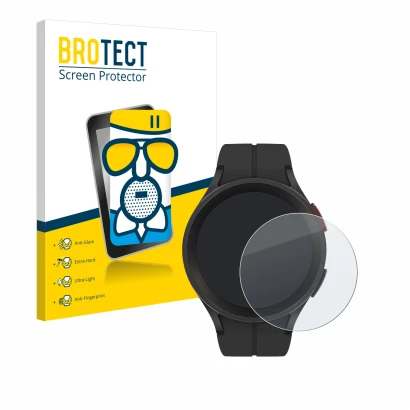 Face avant d’un emballage produit avec le logo de la marque BROTECT. À côté, l’appareil Samsung Galaxy Watch 5 Pro est représe