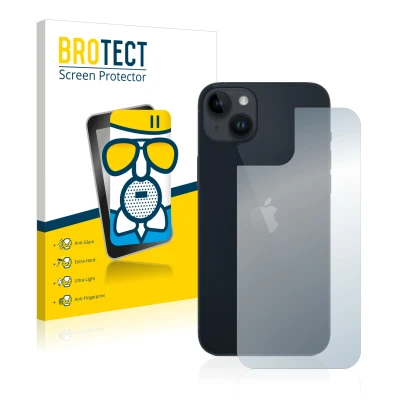 Face avant d’un emballage produit avec le logo de la marque BROTECT. À côté, l’appareil Apple iPhone 14 Plus (Arrière) est rep